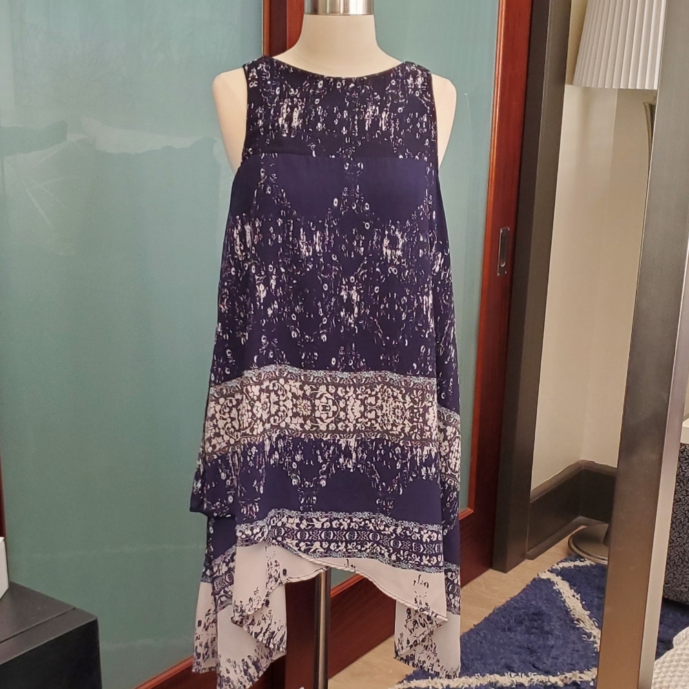 Navy Blue Print Sleeveless High-low Summer Dress Small Tie Back